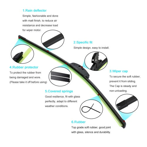 16" 400mm Car Windshield Wiper Blade Universal U-type Frameless Bracketless Soft Rubber Windscreen Blade Clean & Quiet