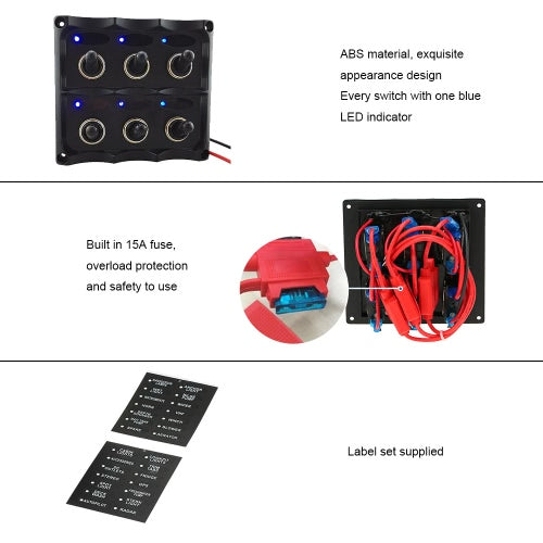 12V-24V Waterproof 6-Gang Toggle Switch Panel with Fuse LED Indicators DIY Switch for Car Boat Marine Motorcycle