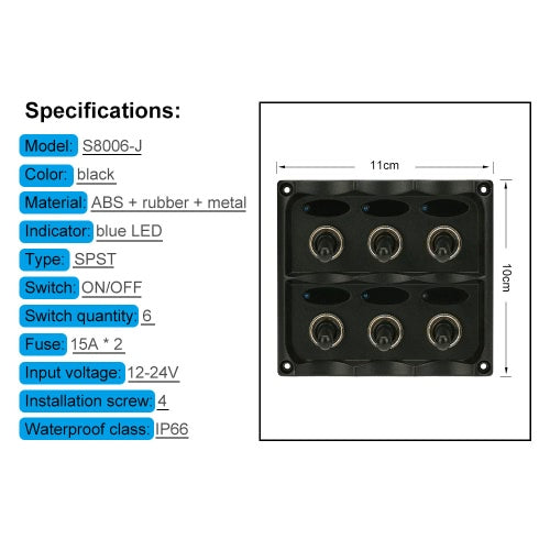 12V-24V Waterproof 6-Gang Toggle Switch Panel with Fuse LED Indicators DIY Switch for Car Boat Marine Motorcycle