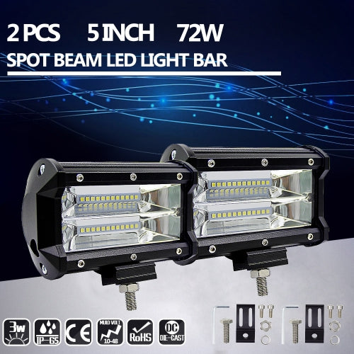 2Pcs 5inch 72W LED Light Bar Spot Beam Work Light Driving Fog Light Road Lighting for Jeep Car Truck SUV Boat Marine