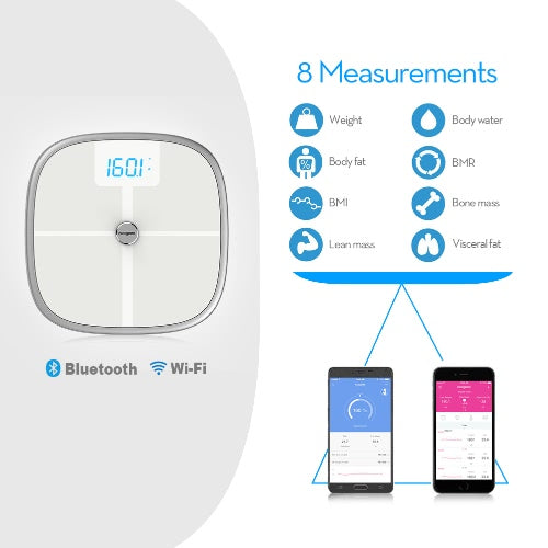 مقياس الصحة الذكي Koogeek BT ​​WiFi Sync يقيس كتلة عظام العضلات ومؤشر كتلة الجسم BMR ووزن الدهون الحشوية ومياه الدهون في الجسم، التعرف على 16 مستخدمًا بسعة وزن 330 رطل/150 كجم