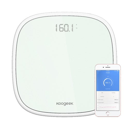 مقياس وزن الجسم الرقمي Koogeek Smart Wireless BT 4.0، التعرف على 16 مستخدمًا مع شاشة LED زجاجية فائقة الوضوح، مجموعة تتبع الوزن المستهدفة 440 رطل / 200 كجم، سعة الوزن باللون الأبيض