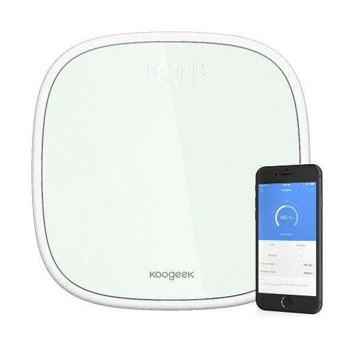 مقياس وزن الجسم الرقمي Koogeek Smart Wireless BT 4.0، التعرف على 16 مستخدمًا مع شاشة LED زجاجية فائقة الوضوح، مجموعة تتبع الوزن المستهدفة 440 رطل / 200 كجم، سعة الوزن باللون الأبيض