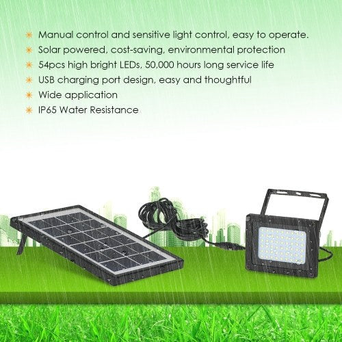 54LEDs USB Solar Powered Manual/ Light Control Flood Outdoor Light