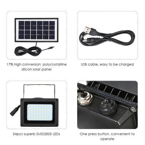 54LEDs USB Solar Powered Manual/ Light Control Flood Outdoor Light