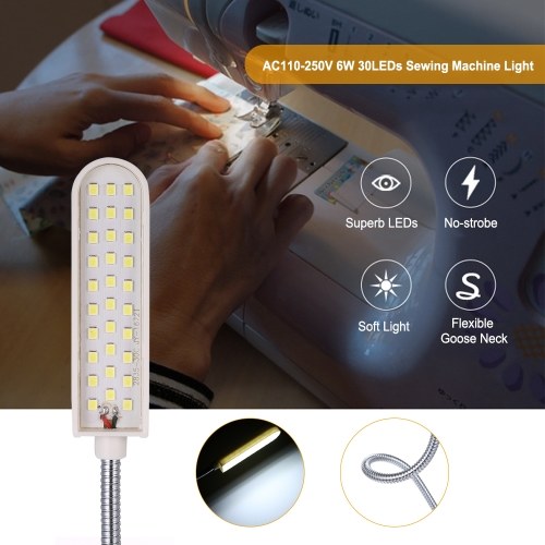 AC110-250V 6W 30LEDs Sewing Machine Light Lamp Fixed Base Flexible Bendable Tube Goose Neck Design for Housework Household Duties Chores