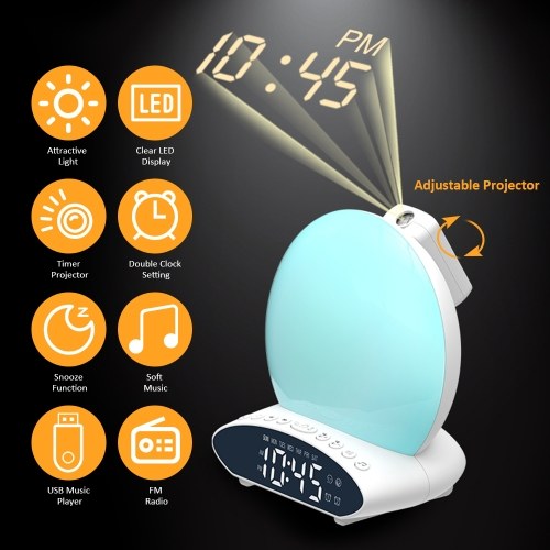 Multifunctional 4 in 1 FM Radio Wake-Up Light Alarm Clock T-ime Projector Desk Lamp