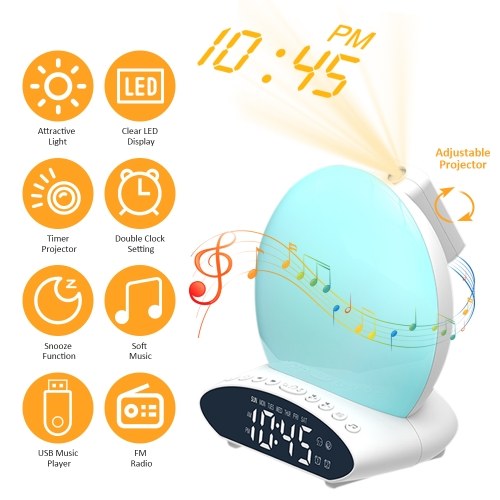 Multifunctional 4 in 1 FM Radio Wake-Up Light Alarm Clock T-ime Projector Desk Lamp