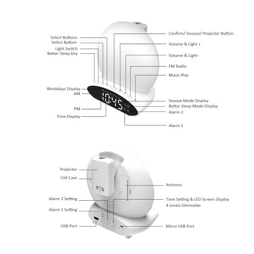 Multifunctional 4 in 1 FM Radio Wake-Up Light Alarm Clock T-ime Projector Desk Lamp