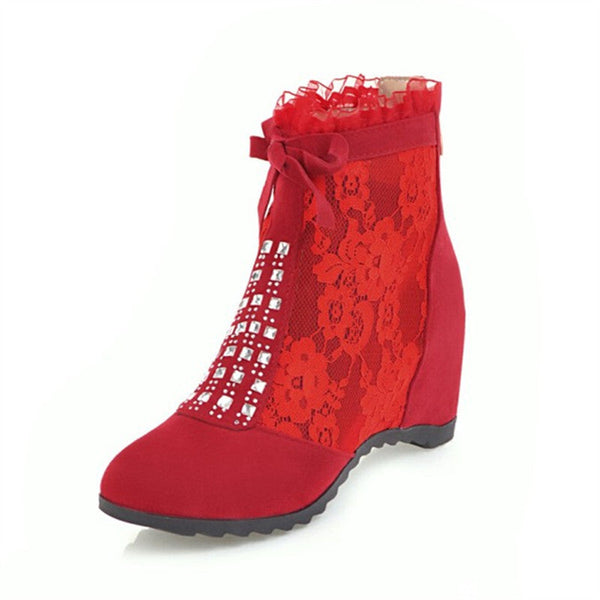 Lace Summer Ankle Boots - Red