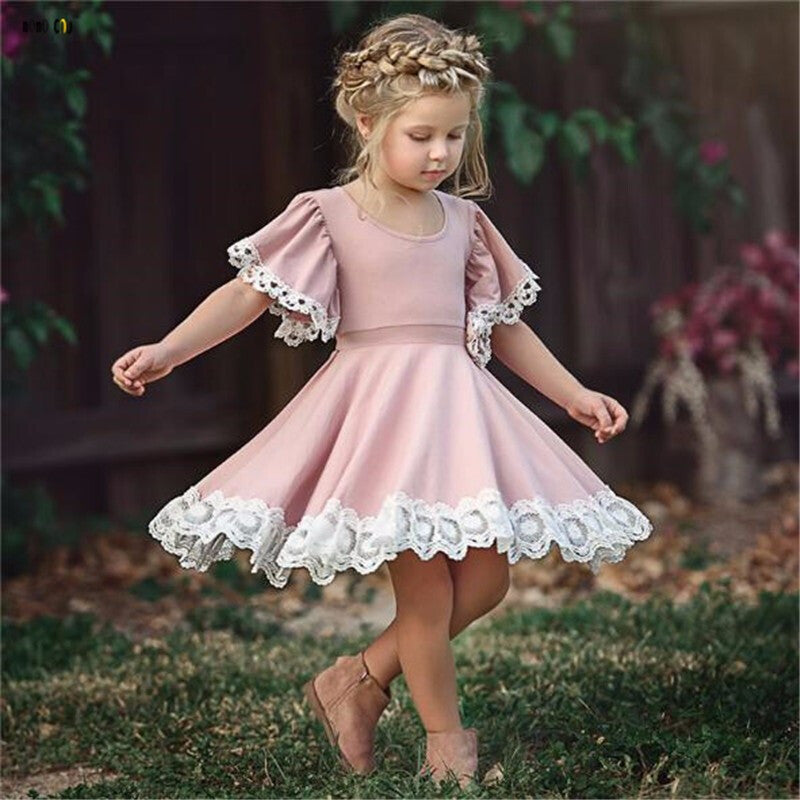 Lacework Flare Sleeve Dress - Rose