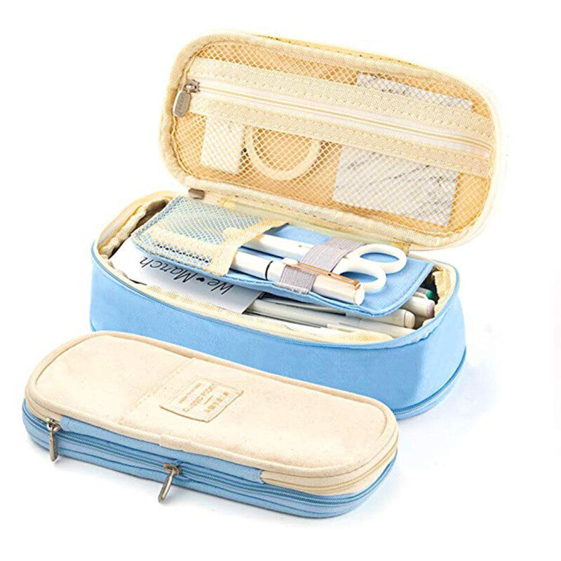 Large Premium Canvas Pencil Case Pen - Light Blue