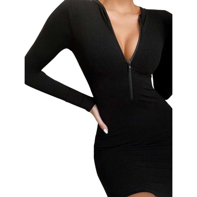 Long Sleeve V-Neck Mini Bodycon Dress - Black