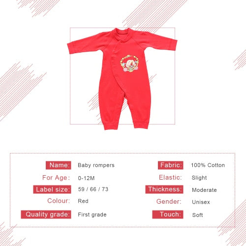 رومبير للأطفال للجنسين 100% قطن ملابس أطفال Playsuit طباعة دجاج كم طويل للربيع والصيف والخريف لحديثي الولادة والرضع والبنات والصبيان وفتحة مائلة حمراء 0-6 متر