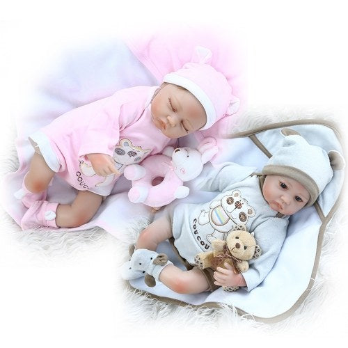 Decdeal 16inch 40cm Reborn Baby Doll Twins Baby in Blanket Lifelike Dolls Blue Eyes Silicone Vinyl & Cotton Body Cute Gifts Lovely Blue Outfit