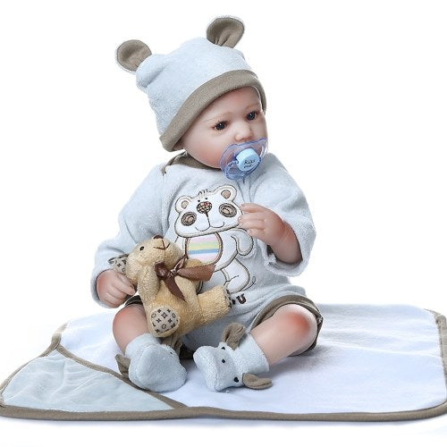 Decdeal 16inch 40cm Reborn Baby Doll Twins Baby in Blanket Lifelike Dolls Blue Eyes Silicone Vinyl & Cotton Body Cute Gifts Lovely Blue Outfit