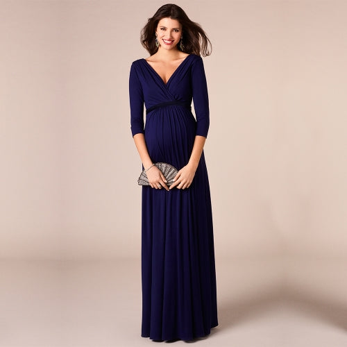 Women Maternity Dress Robe Ruched V-Neck 3/4 Sleeve Nursing Pregnancy Clothes With Belt Blue S