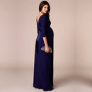 Women Maternity Dress Robe Ruched V-Neck 3/4 Sleeve Nursing Pregnancy Clothes With Belt Blue S