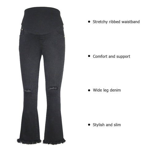 Women's Materity Pants High Waist Wide Leg Comfort Belly Extender Pull On Denim Jeans Pregnancy Clothing Black M