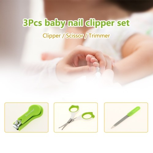 3Pcs Safety Baby Nail Clipper + Rounded Scissors + Trimmer Set Stainless Steel Toenail Fingernail Cutter For Newborn Infant Green