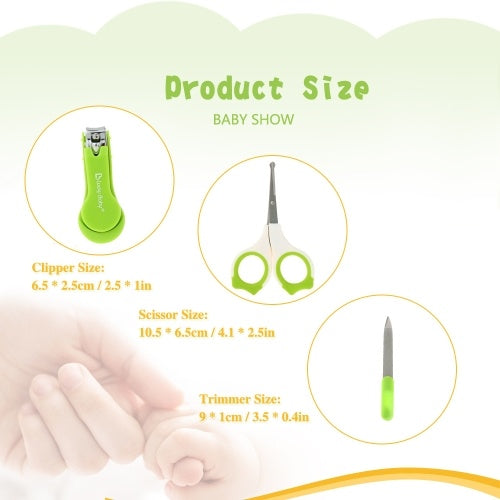 3Pcs Safety Baby Nail Clipper + Rounded Scissors + Trimmer Set Stainless Steel Toenail Fingernail Cutter For Newborn Infant Green