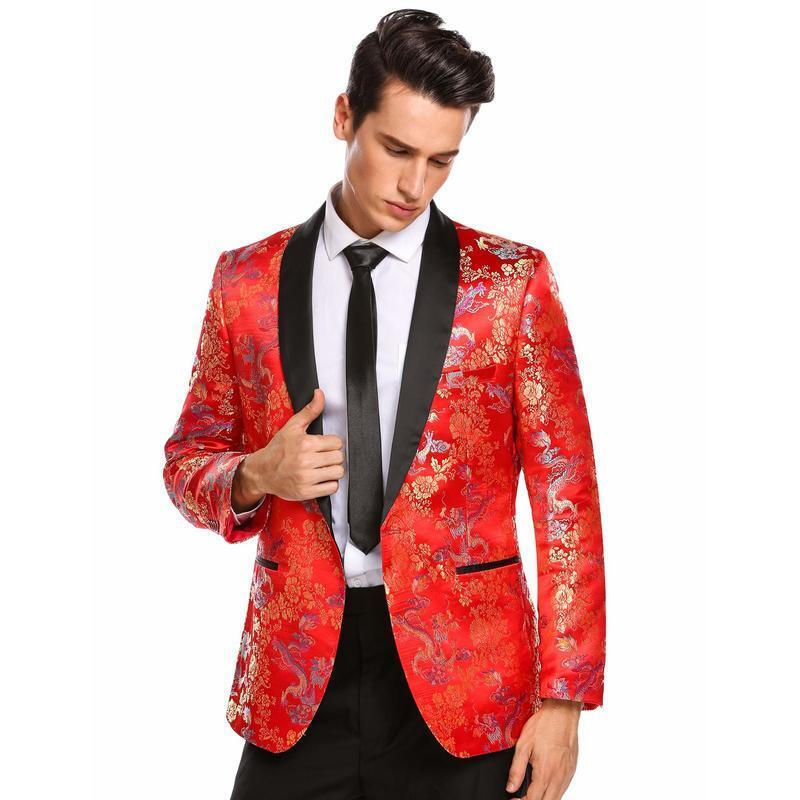 L Men Fashionable Floral Dress Suit Blazer - Red