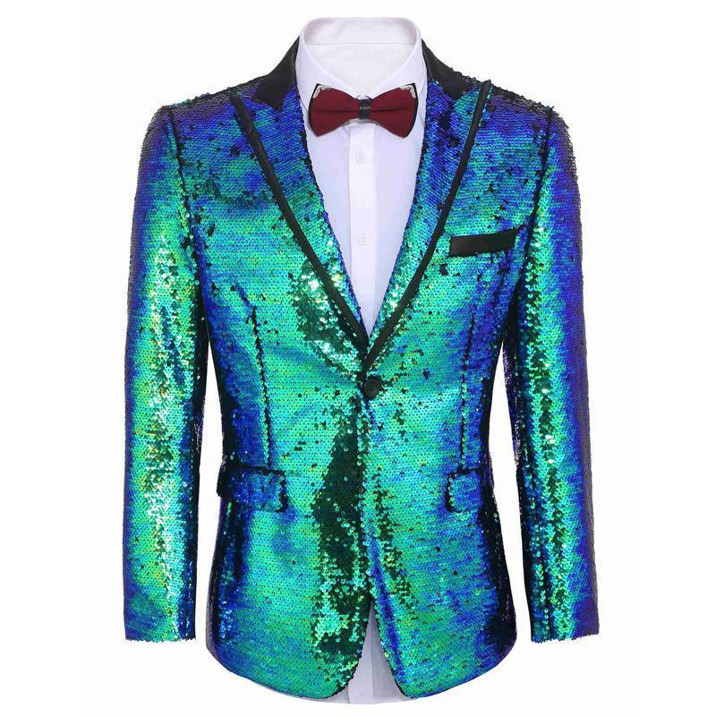 L Men Peak Sequined Décor Fashionable Blazer - Blue