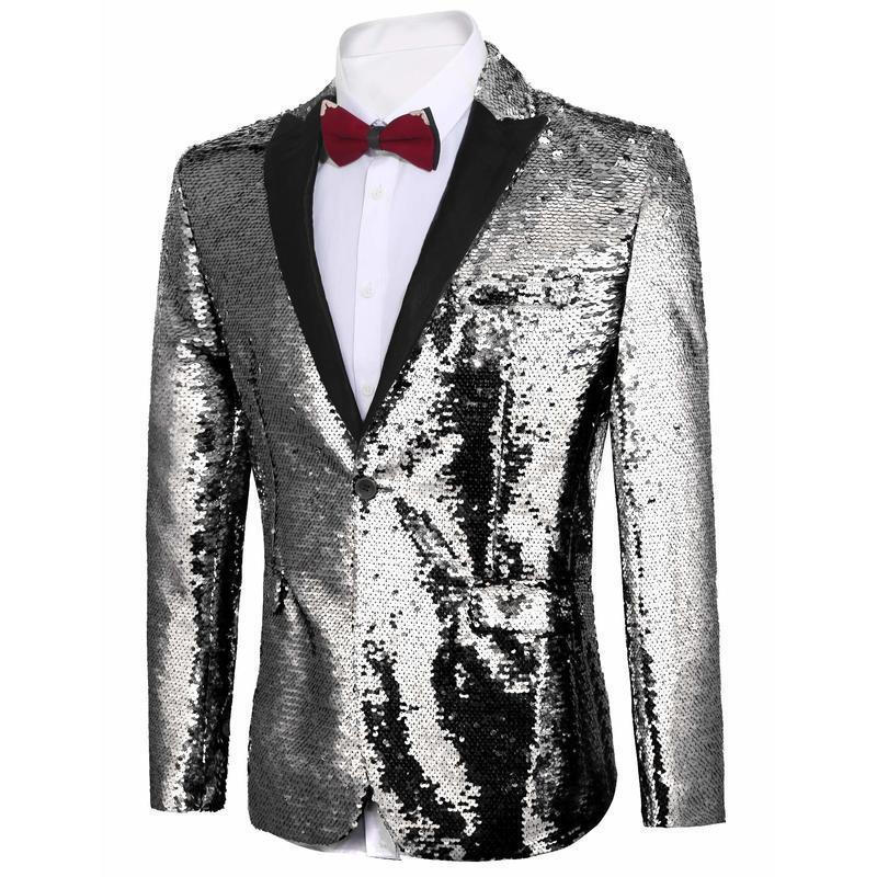 Men Sequined Décor Patchwork Slim Fit Blazer - Silver