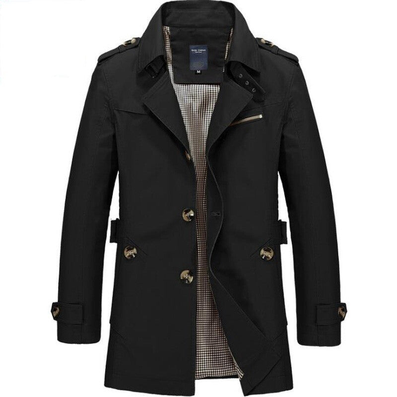 Men Single Breasted Lightweight Slim Fit Trench Coat - Black