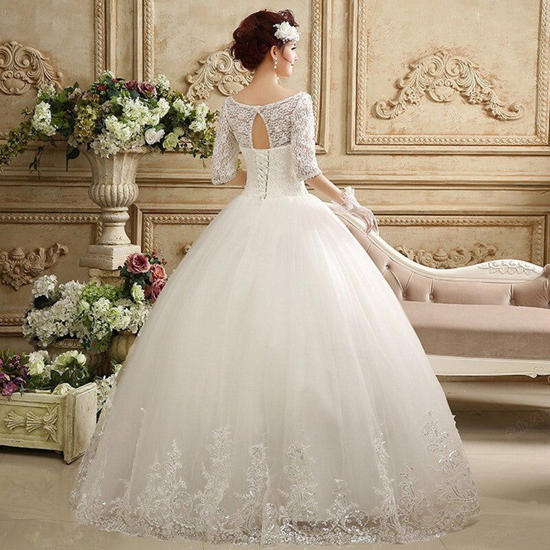 Middle Sleeves Floor Length Wedding Dress - White