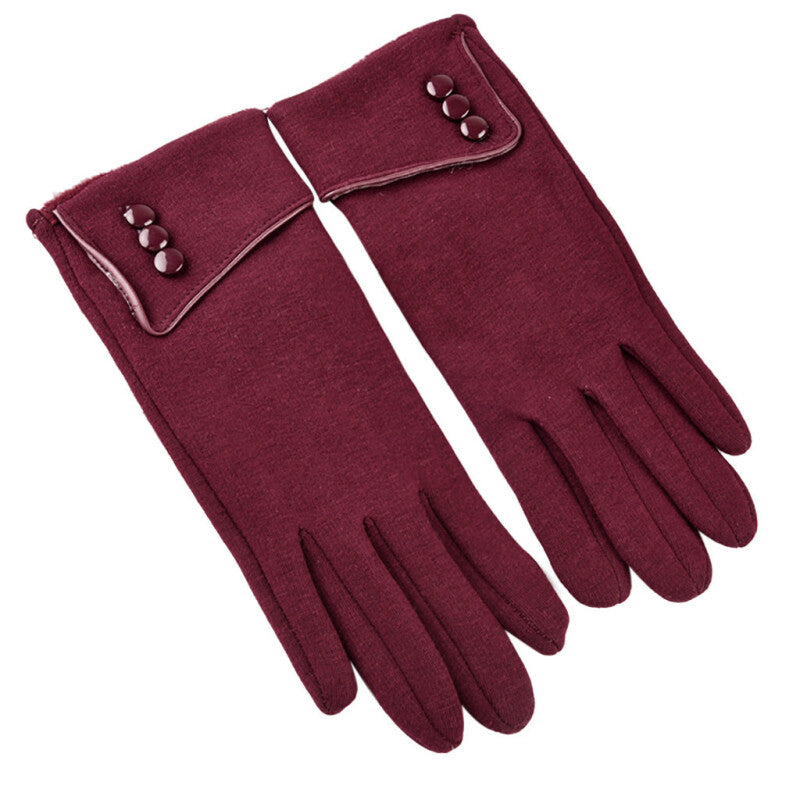 Mosunx Women Winter Cuff Soft Lining Button Decoration Gloves - Red