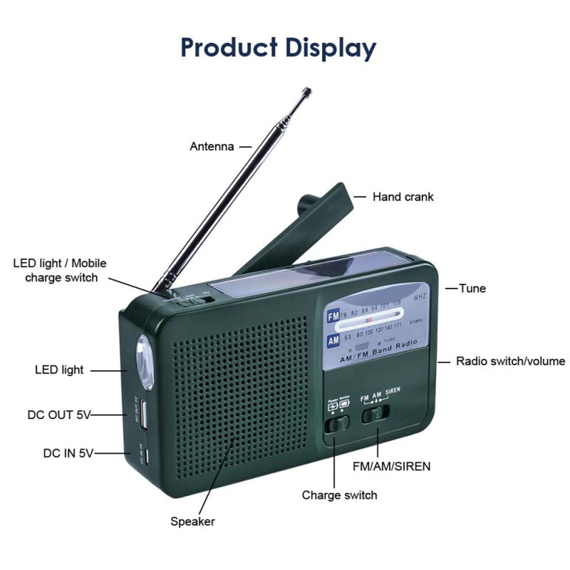 Modern Multifunctional Solar Crank Radio - Green