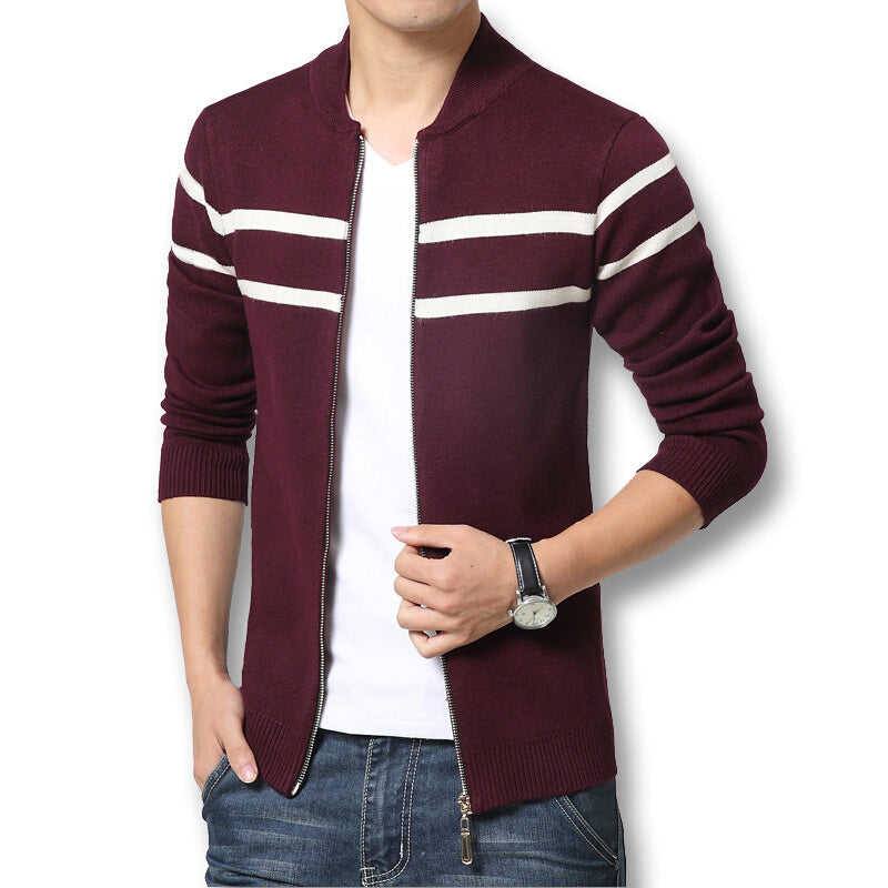 New Men's Spring Autumn Baseball Sweater Cardigan - Wine Red