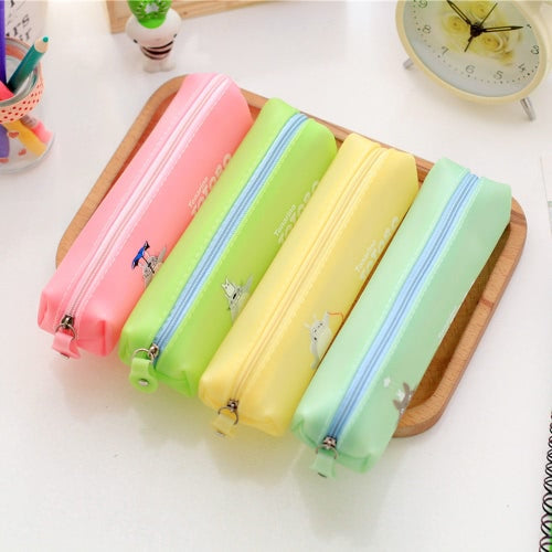 Cute Jelly Soft Waterproof Pen Pencil Case Zipper Stationery Bag Lovely Cat Pattern for Girls School Students