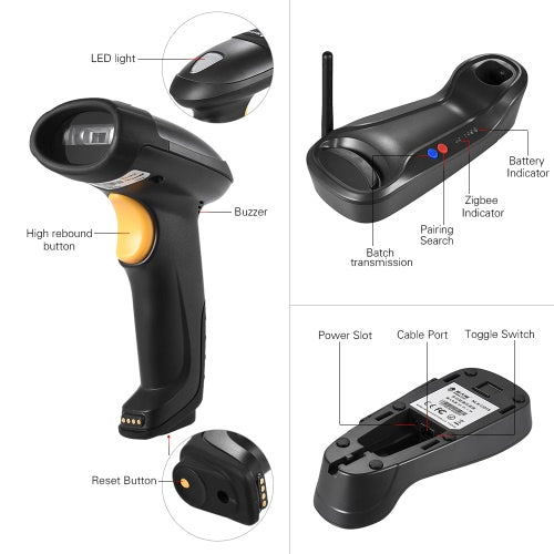 Wireless Handheld 1D/2D(PDF417/MicroPDF417) Barcode Scanner Bar Code Reader with Base USB Cable for Supermarket Library Express Company Retail Store Warehouse