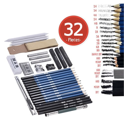 32pcs/Set Professional Drawing Sketch Pencil Kit Including Sketch Pencils Graphite & Charcoal Pencils Sticks Erasers Sharpeners with Carrying Bag for Art Supplies Students