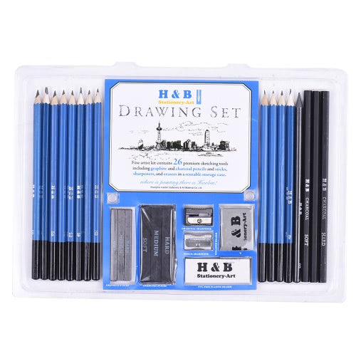 26pcs Professional Drawing Sketch Pencil Kit Set Including Sketch Pencils Graphite & Charcoal Pencils Sticks Erasers Sharpeners for Art Supplies Students