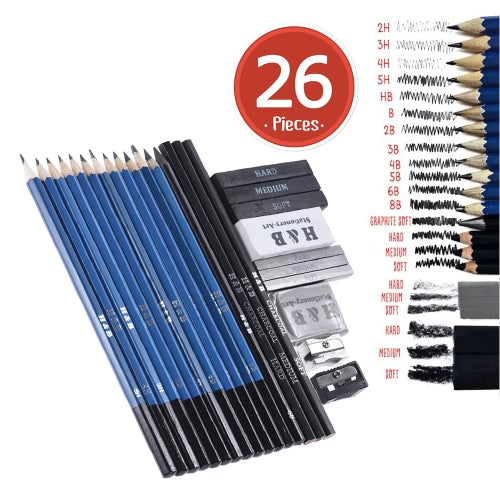 26pcs Professional Drawing Sketch Pencil Kit Set Including Sketch Pencils Graphite & Charcoal Pencils Sticks Erasers Sharpeners for Art Supplies Students