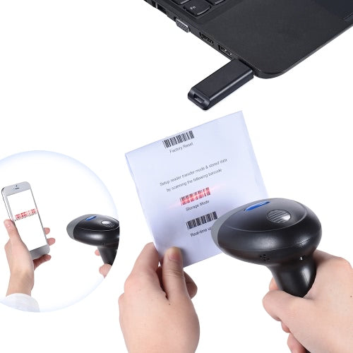 2.4GHz Wireless USB Wired 1D Barcode Scanner Auto/Manual Scanning CCD Red Light Screen PC Computer Bar Code Reader 2000dpi 260t/s Intermal Memory Up to 2500