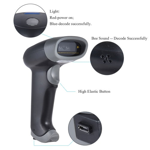 2.4GHz Wireless USB Wired 1D Barcode Scanner Auto/Manual Scanning CCD Red Light Screen PC Computer Bar Code Reader 2000dpi 260t/s Intermal Memory Up to 2500