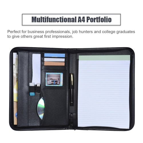 Multifunctional Professional Business Portfolio Padfolio Folder Document Case Organizer A4 PU Leather Zippered Closure with Business Card Holder Memo Note Pad