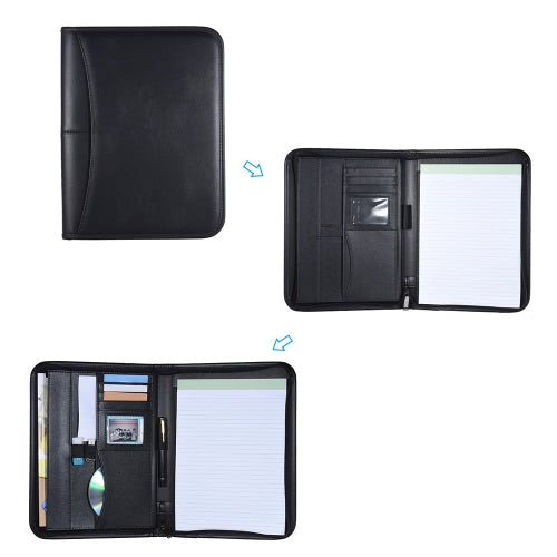 Multifunctional Professional Business Portfolio Padfolio Folder Document Case Organizer A4 PU Leather Zippered Closure with Business Card Holder Memo Note Pad