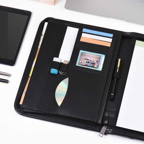 Multifunctional Professional Business Portfolio Padfolio Folder Document Case Organizer A4 PU Leather Zippered Closure with Business Card Holder Memo Note Pad