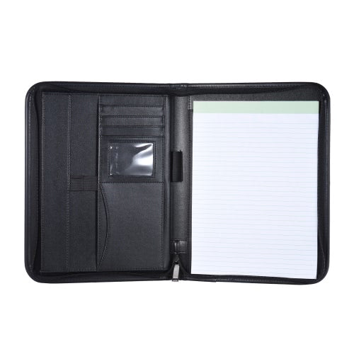 Multifunctional Professional Business Portfolio Padfolio Folder Document Case Organizer A4 PU Leather Zippered Closure with Business Card Holder Memo Note Pad