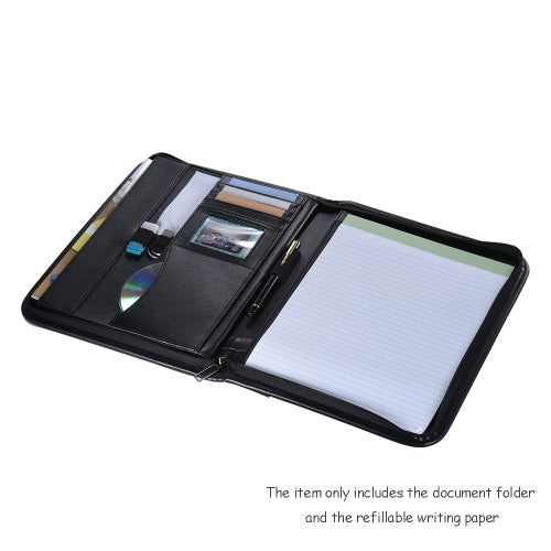 Multifunctional Professional Business Portfolio Padfolio Folder Document Case Organizer A4 PU Leather Zippered Closure with Business Card Holder Memo Note Pad