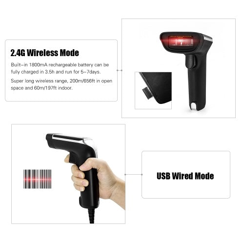 2.4G Wireless Barcode Scanner Handheld USB Wired 1D Bar Code Reader 3mil High Accuracy for Windows Mac PC POS