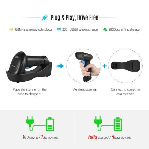 Aibecy WM3L 433MHz Wireless 1D 2D Auto Image Barcode Scanner Handheld QR code PDF417 Bar Code Reader 200m/656ft Range 1300t/s Fast Speed with Cradle for Mobile Payment Supermarket Store Warehouse