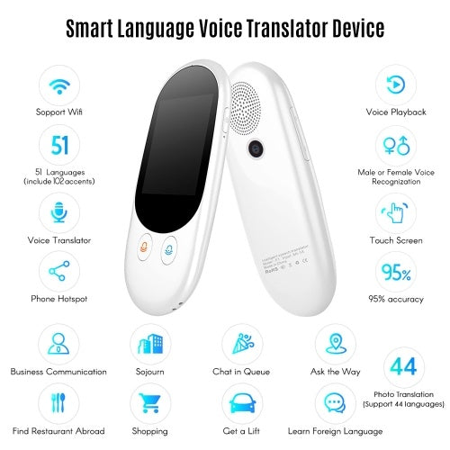 جهاز مترجم صوتي ذكي للغة 51 لغة، شاشة لمس 2.4 بوصة، بطارية قابلة لإعادة الشحن، دعم ترجمة الصور، نقطة اتصال واي فاي للتعلم، السفر، التسوق التجاري