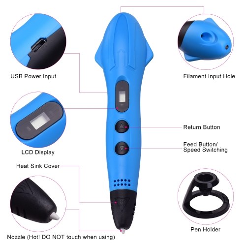 قلم طباعة ثلاثي الأبعاد مع 3 ألوان 1.75 مم PLA خيوط عبوات شاشة LCD قلم ثلاثي الأبعاد غير قابل للانسداد