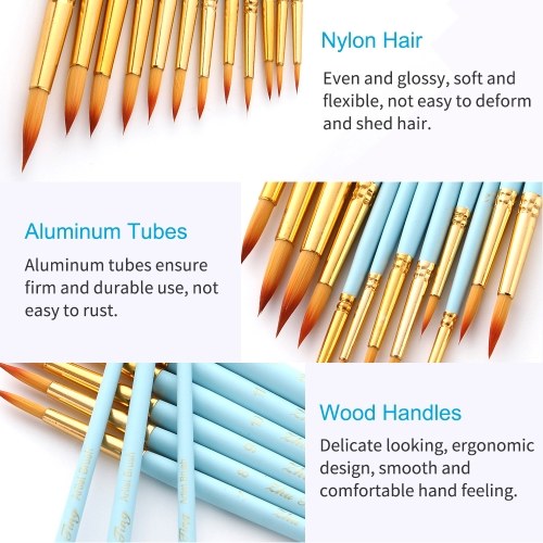 12pcs Professional Artist Paintbrush Set Round Pointed Tip Paint Brushes Durable Nylon Hair Wooden Handle